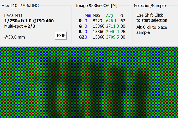 Leica M11 60MP DNG, visualised in RawDigger