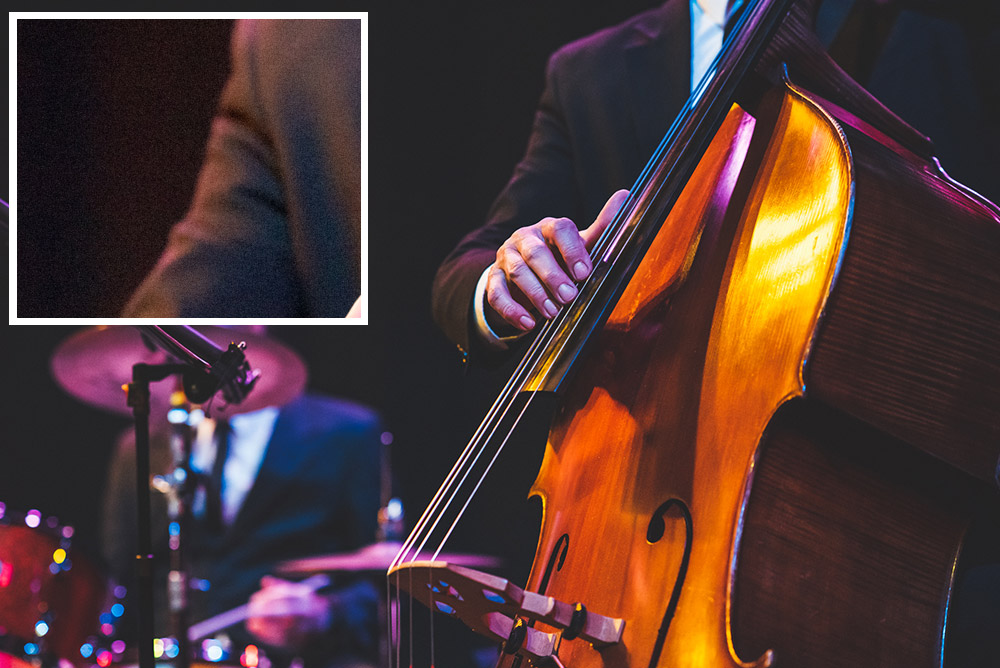 At events - Noisy images can be fixed to a degree at the editing stage so push up your ISO when necessary. Before noise reduction shown in insert top left. Copyright: Claire Gillo